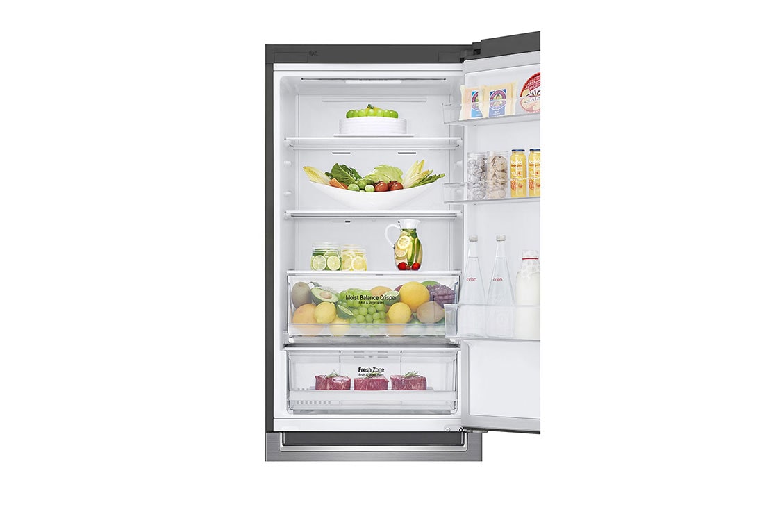 LG Combină frigorifică | Clasa E | 341 L | Total No Frost | Compresor Smart Inverter 10 ani Garanție | DoorCooling™ | ThinQ™ | Gri metalizat, Close Up Front View Door open with food, GBB61PZHMN, thumbnail 6