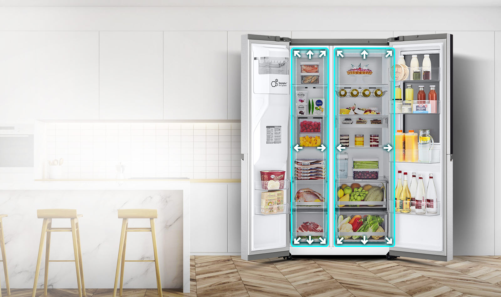 Începe un videoclip cu vederea frontală a frigiderului cu ambele uși larg deschise. Spațiile interioare sunt subliniate cu linii de neon și săgețile înce
                                  <div class=