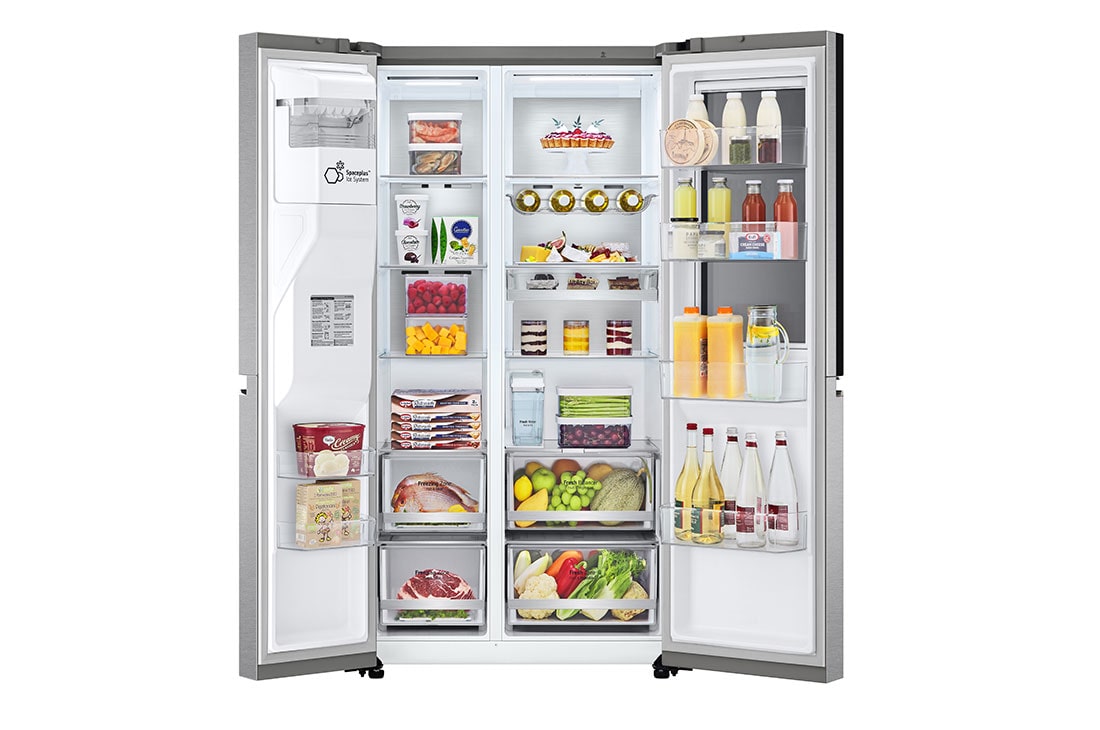 LG Frigider LG,  Side by Side, Door-in-Door™, InstaView™, 635 L, LINEARCooling™, DoorCooling+™ , UVnano™, Wi-Fi, vedere frontală deschisă cu mâncăruri, GSXV91MBAF, thumbnail 11