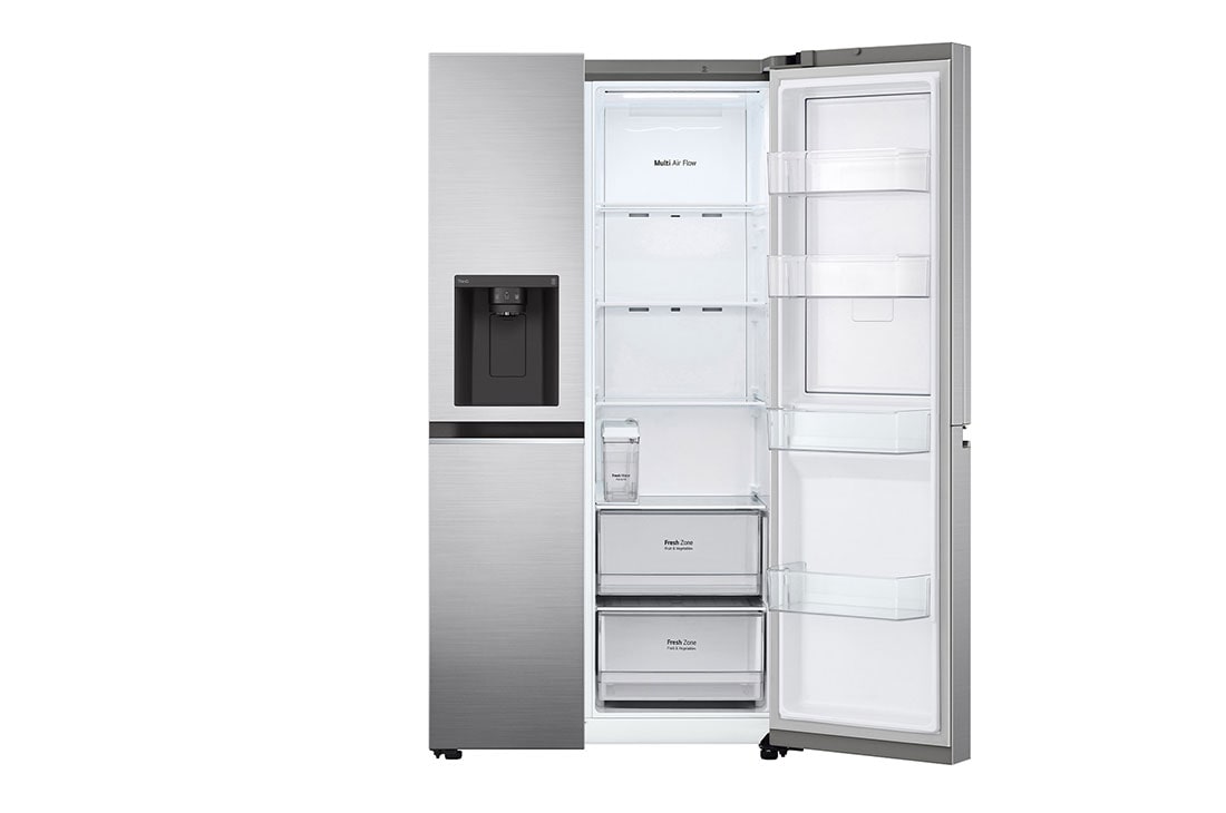 LG Frigider Side by Side cu Door-in-Door™ | 635 L | Total No Frost | Clasa E | DoorCooling™ | ThinQ™ | Argintiu, vedere frontală deschisă cu mâncăruri, GSJV71PZTE, thumbnail 11