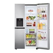 LG Frigider Side by Side cu Door-in-Door™ | 635 L | Total No Frost | Clasa E | DoorCooling™ | ThinQ™ | Argintiu, vedere frontală capac deschis cu mâncăruri, GSJV71PZTE, thumbnail 10