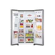 LG Frigider Side by Side | 635 L | Total No Frost | Clasa E | LINEARCooling™ | DoorCooling™  | ThinQ™, vedere frontală cu lumină pe mâncăruri, GSLV71PZTE, thumbnail 2