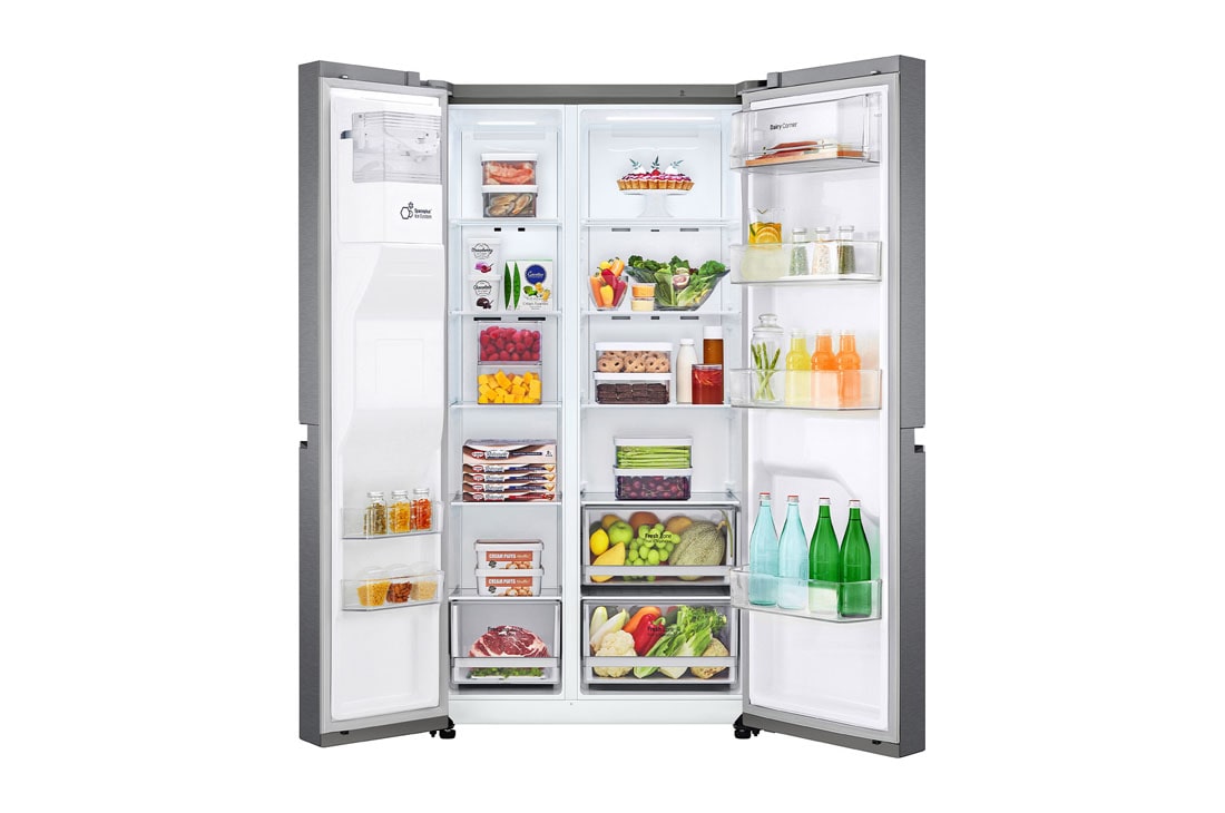 LG Frigider Side by Side | 630 L | Total No Frost | Clasa F | LINEARCooling™ | Multi-Air Flow  | Smart Diagnosis™, vedere frontală deschisă cu mâncăruri, GSLV30DSXM, thumbnail 2