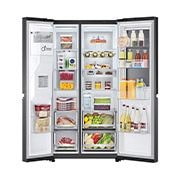 LG Frigider LG cu InstaViewThinQ™| Clasa F | 635 L | LINEARCooling™ | Door Cooling™ | SmartDiagnosis™ | UVnano™, vedere frontală deschisă cu mâncăruri, GSXV91MCAF, thumbnail 2