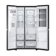 LG Frigider LG | Door-in-Door™ | InstaView™| Clasa F | 635 L | LINEARCooling™ | Door Cooling™ | SmartDiagnosis™ | UVnano™ | Compresor Inverter Linear, vedere frontală deschisă cu mâncăruri în partea dreaptă, GSXV91MCAF, thumbnail 10