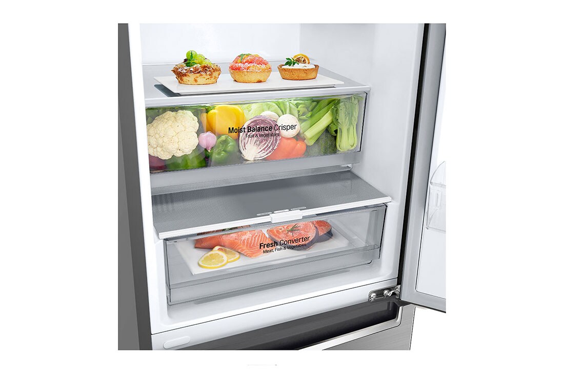 LG Combină frigorifică | Clasa C | 341 L | Compresor Smart Inverter 10 ani garanție | Door Cooling™ | SmartDiagnosis™ | Argintiu, detail view with food, GBB61PZGCN1, thumbnail 7