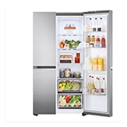 LG Side by Side LG, No Frost, 655 L, Compresor Inverter Linear, Clasa E, Argintiu, vedere frontală deschisă cu mâncăruri în partea dreaptă, GSBV70PZTE, thumbnail 7