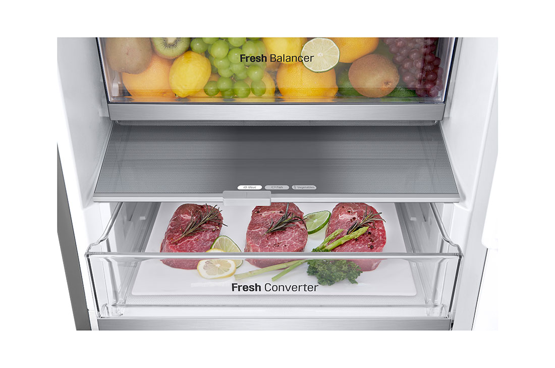 LG Combina Frigorifica LG, 387L, No Frost, Compresor Smart Inverter,  Display cu LED Interior, Clasa D, Duct view with food, GBV7280DMB, thumbnail 7