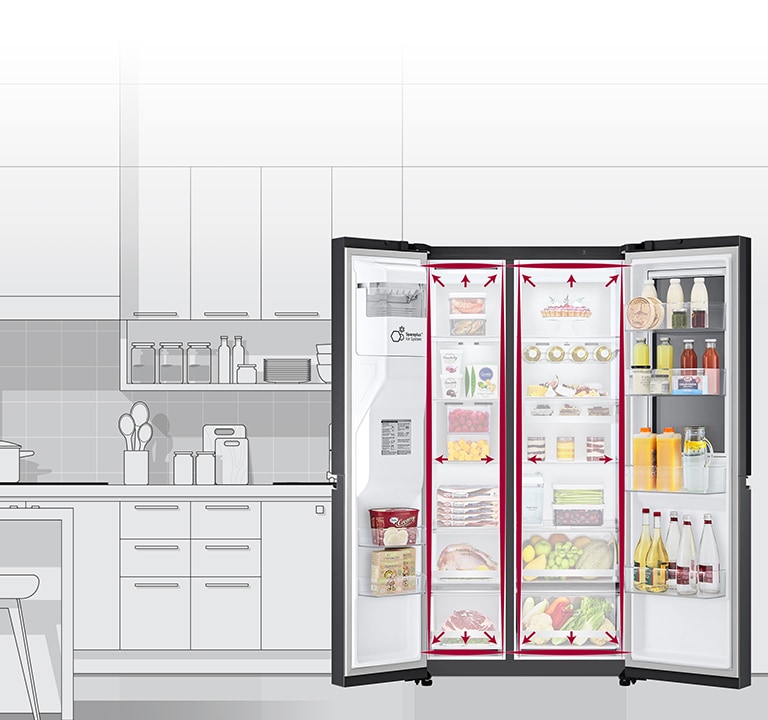 Un videoclip începe cu vederea frontală a frigiderului cu ambele uși complet deschise.