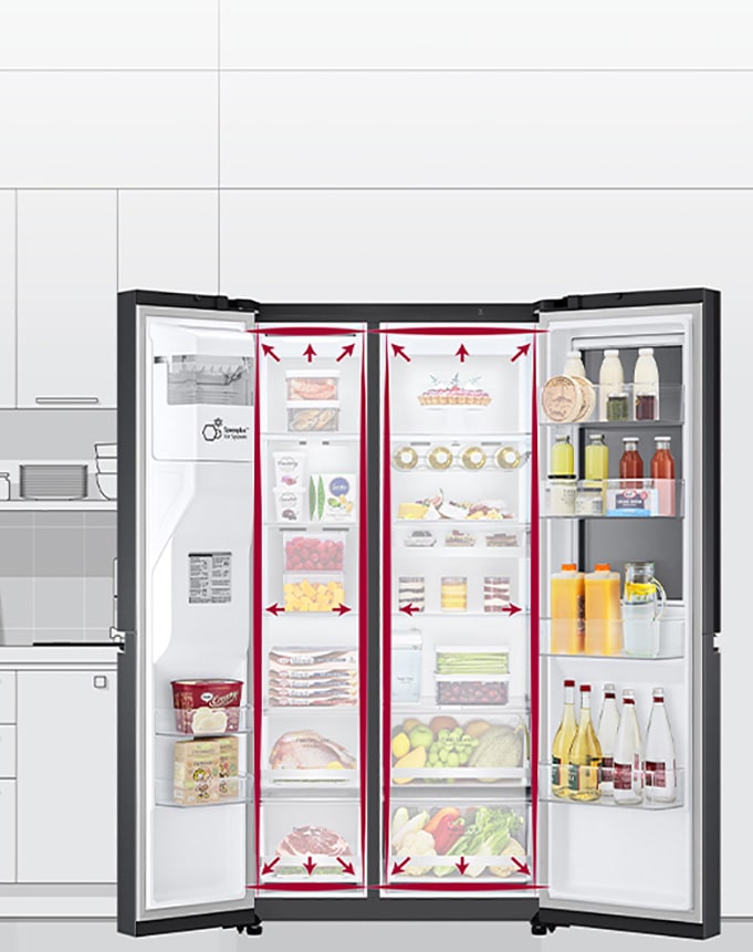 Un videoclip începe cu vederea frontală a frigiderului cu ambele uși complet deschise. 