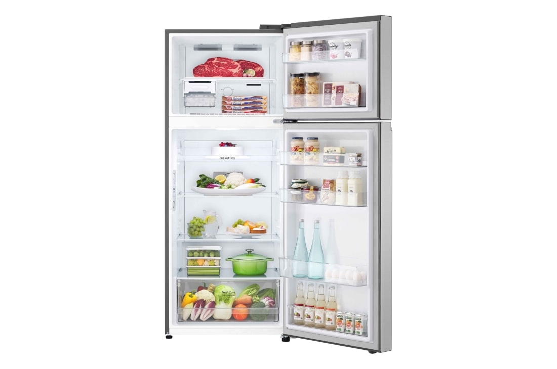 LG Frigider LG, 395L, Compresor Smart Inverter, Door Cooling+, vedere frontală deschisă cu mâncare depozitată, GTBV36PZGKD, thumbnail 2