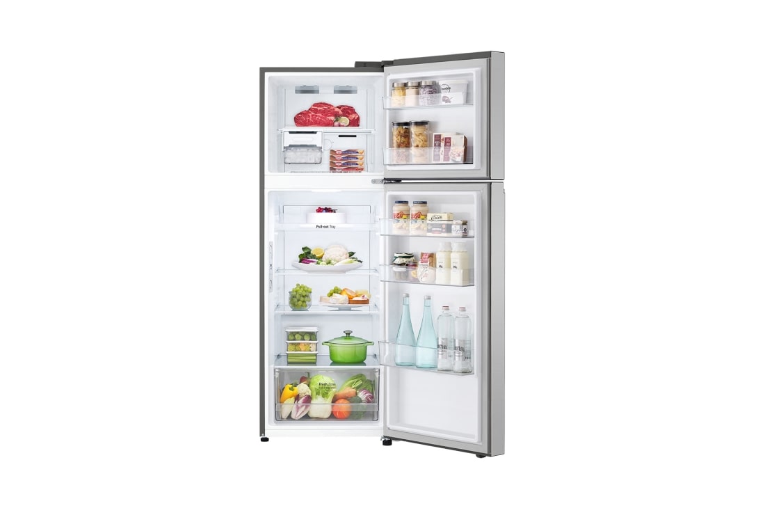 LG Frigider LG, 335L, No Frost, Compresor Smart Inverter, Multi-Air Flow, vedere frontală deschisă cu mâncare depozitată, GTBV38PZGKD, thumbnail 2