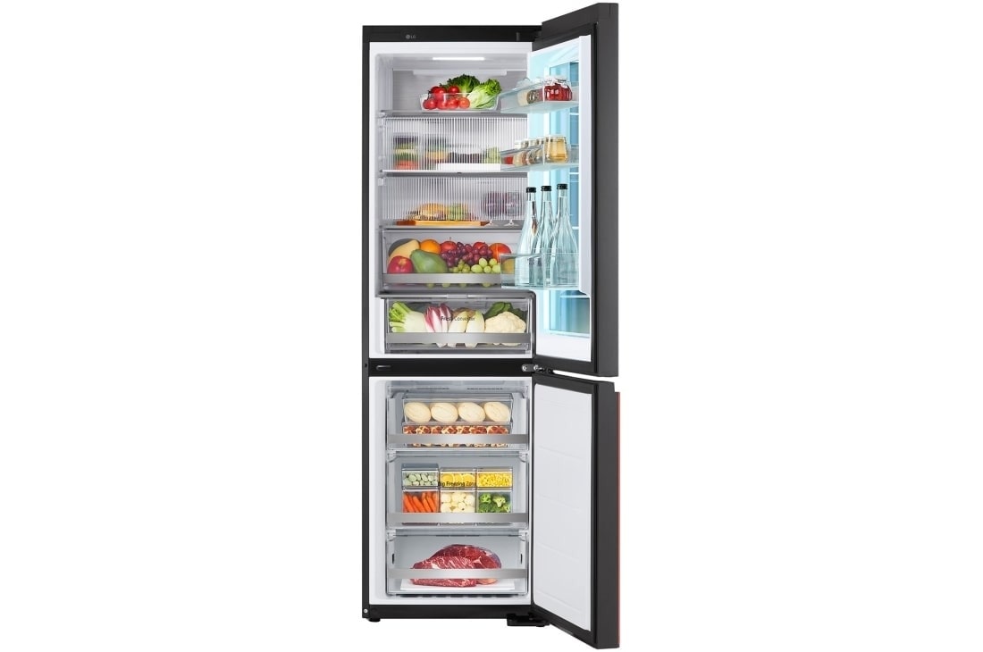 LG Frigider LG MoodUP™ cu InstaView , 352L, Compresor Smart Inverter, Wi-Fi, Linear Cooling™ , door open view with food, GBG719MDNN, thumbnail 3