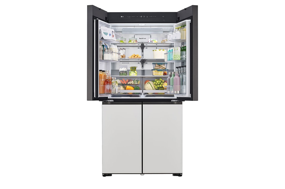 LG Frigider MoodUP™ LG, InstaView™, 617L, Linear Cooling™ , half door open with food , GMV960NNME, thumbnail 7