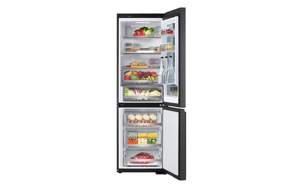 LG Frigider LG cu InstaView™, 349L, Compresor Smart Inverter, Wi-Fi, Door Cooling+™, Door open view with food, GBG5160CEV, thumbnail 2