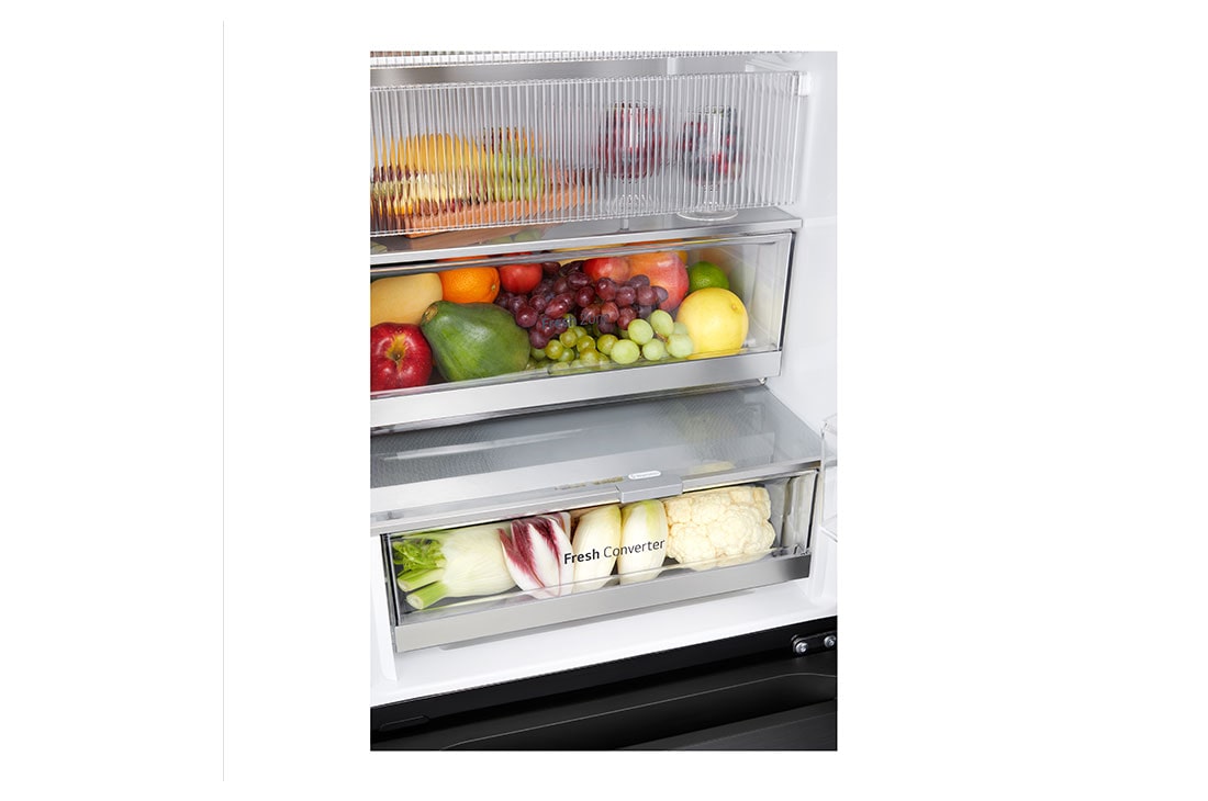 LG Frigider LG cu InstaView™, 349L, Compresor Smart Inverter, Wi-Fi, Door Cooling+™, Bottom side view with food, GBG5160CEV, thumbnail 12