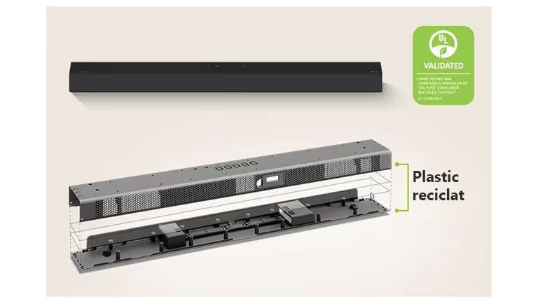 Există o vedere frontală a barei de sunet din spate și o imagine cu cadrul metalic al barei de sunet din față.