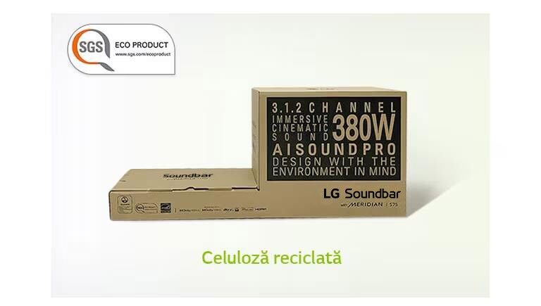 Există un logo SGS ECO PRODUCT în colțul din stânga sus. Există un marcaj gri interzis pe imaginea polistirenului în stânga și pe imaginea cutiei de ambalaj în dreapta.