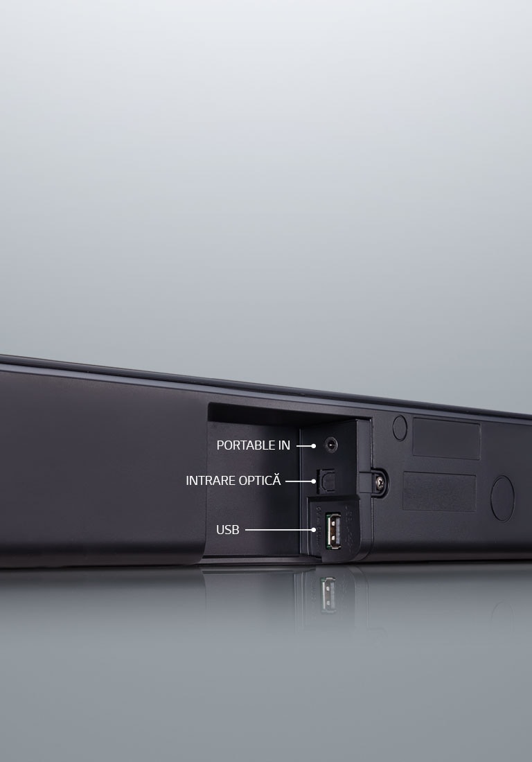 Vedere diagonală cu terminalul conexiunii. Din partea de sus, acesta afișează portable in, intrare oprită și USB.