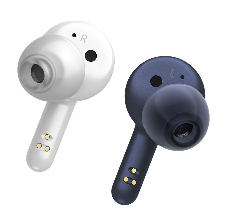 Vârfurile căștilor intraauriculare FP3 albe și albastre sunt afișate unul câte unul.