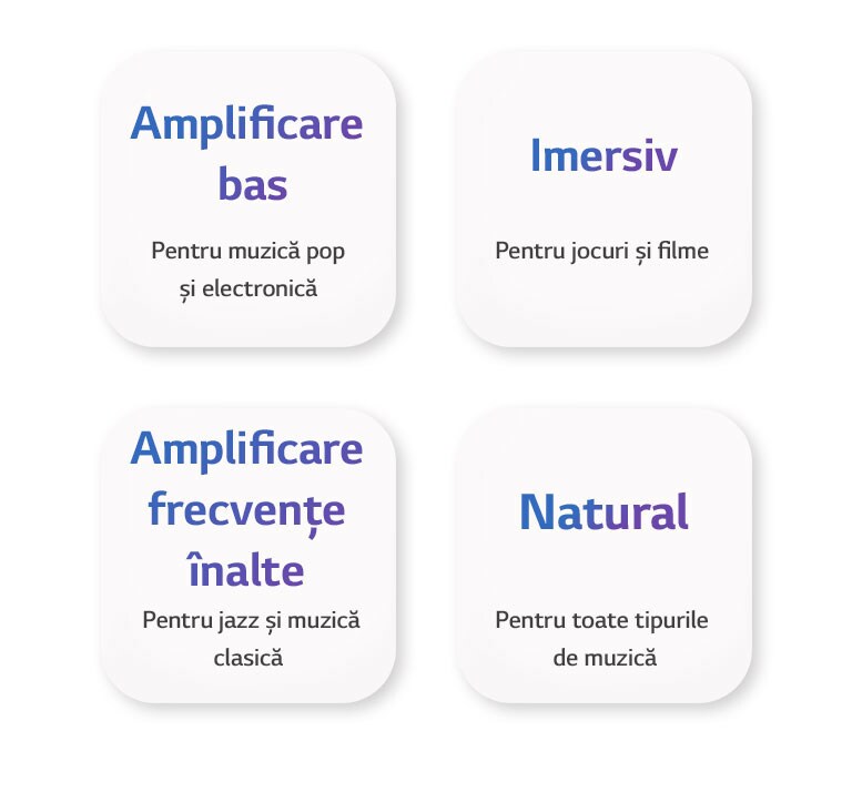 Patru nume EQ, Amplificare Bas, Imersiv, Amplificare frecvențe înalte și Natural, sunt marcate pe un buton pătrat alb.