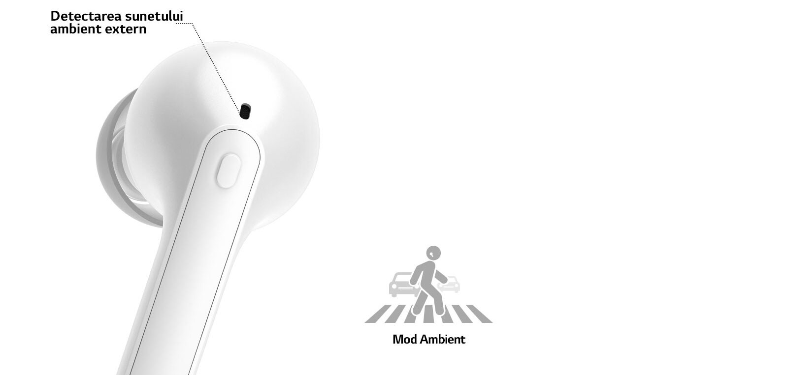 Este o imagine care afișează partea din spate a vârfului alb al urechii cu un prim-plan și fraza External Ambient Sound Detection (Detectare sunet ambiant extern) este marcat în orificiul format în spatele vârfului urechii.