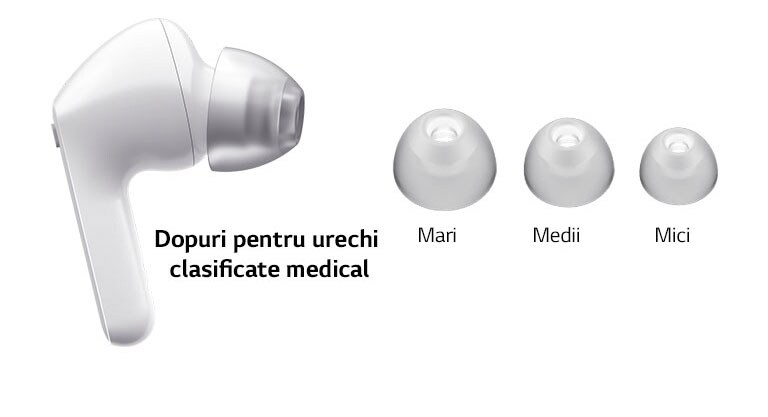 Imagine cu căști intraauriculare albe și un set de geluri pentru urechi cu 3 dimensiuni: Mare, mediu și mic.