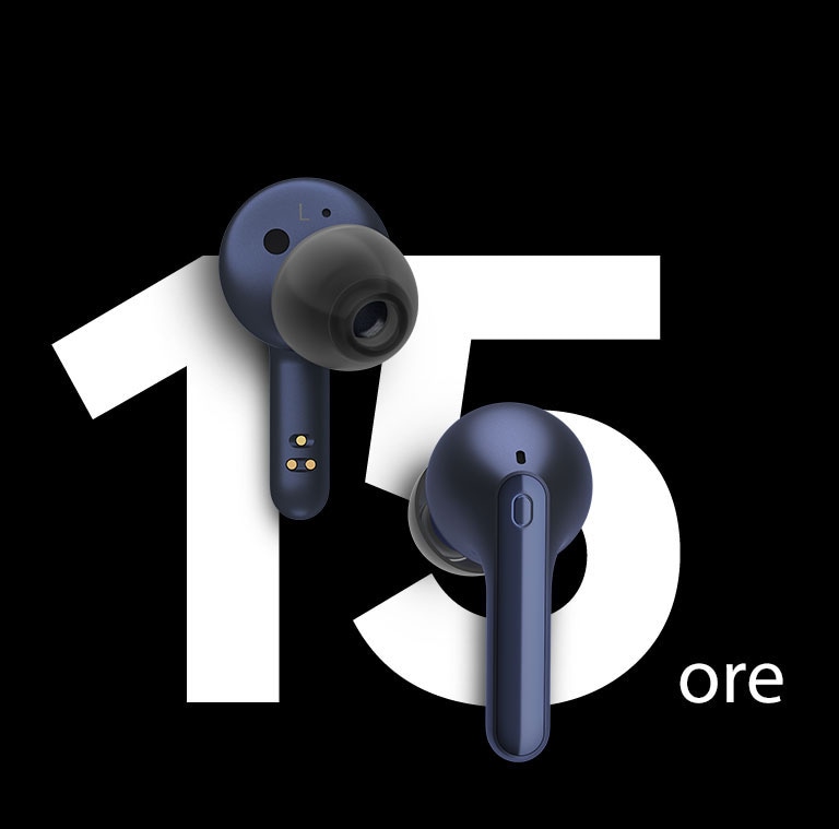 Căștile intra-auriculare plutesc în fața textului „15 ore”.