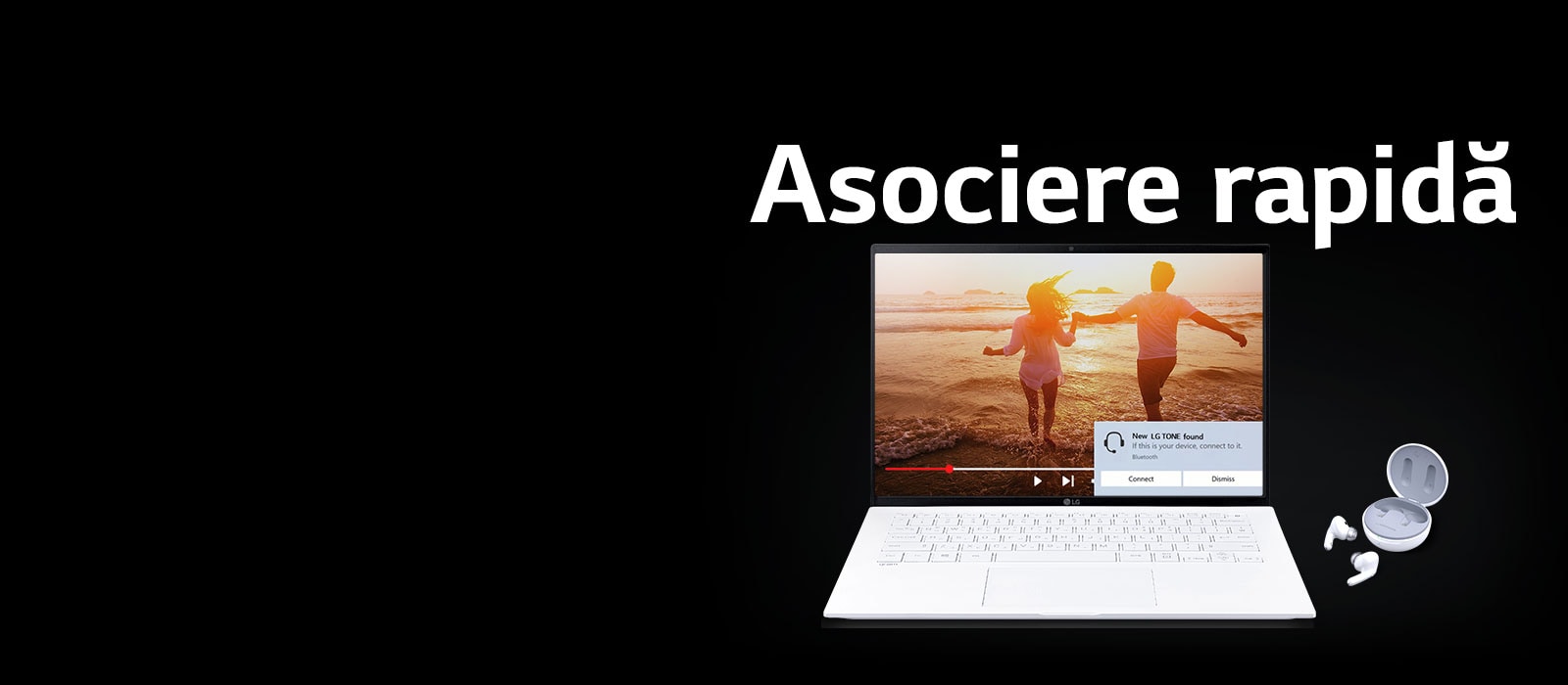 Imagine cu un laptop și dispozitivul TONE Free sub fraza „Asociere rapidă” și alerta de asociere activată pe ecranul laptopului deschis.