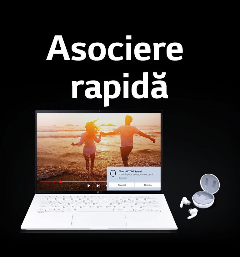 Imagine cu un laptop și dispozitivul TONE Free sub fraza „Asociere rapidă” și alerta de asociere activată pe ecranul laptopului deschis.