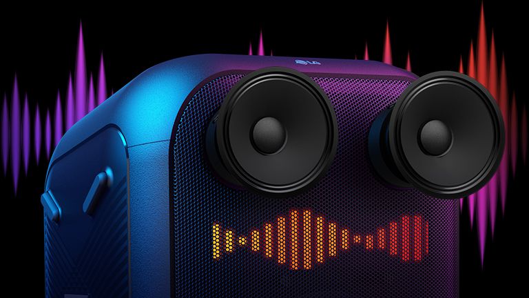 Prim-plan al tweeterelor de 3 inch, afișând o grafică de ton înalt în spate. Tweeterele sunt exagerate în scopuri de design. Mai jos, există un egalizator de sunet pe panoul cu LED-uri. 