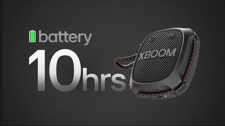 LG XBOOM Go XG2 stă în spațiu infinit și arată cele 10 ore de viață a bateriei.