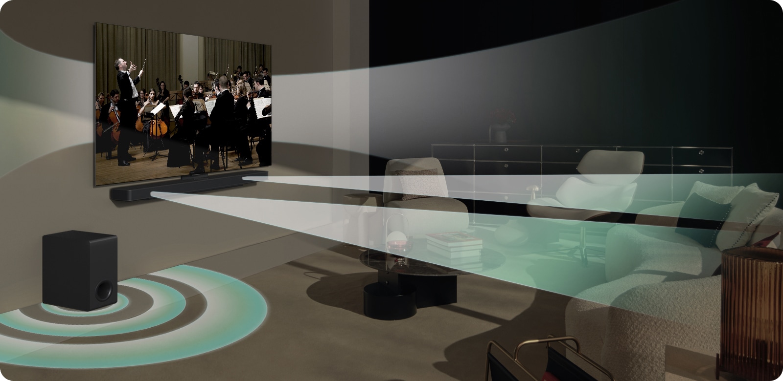 Scenă de concert este rulată pe un LG TV de pe perete. Efectul de sunet virtual iese din LG TV și LG Soundbar S40T și subwoofer-ul său simultan, arătând cum este creată WOW Orchestra.