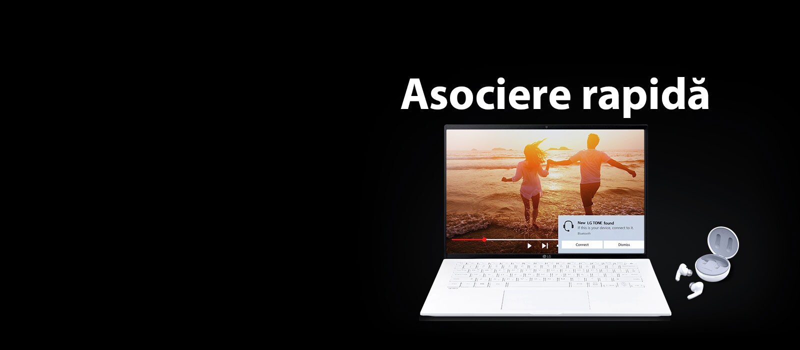 Imagine cu un laptop și dispozitivul TONE Free sub fraza „Asociere rapidă” și alerta de asociere activată pe ecranul laptopului deschis.