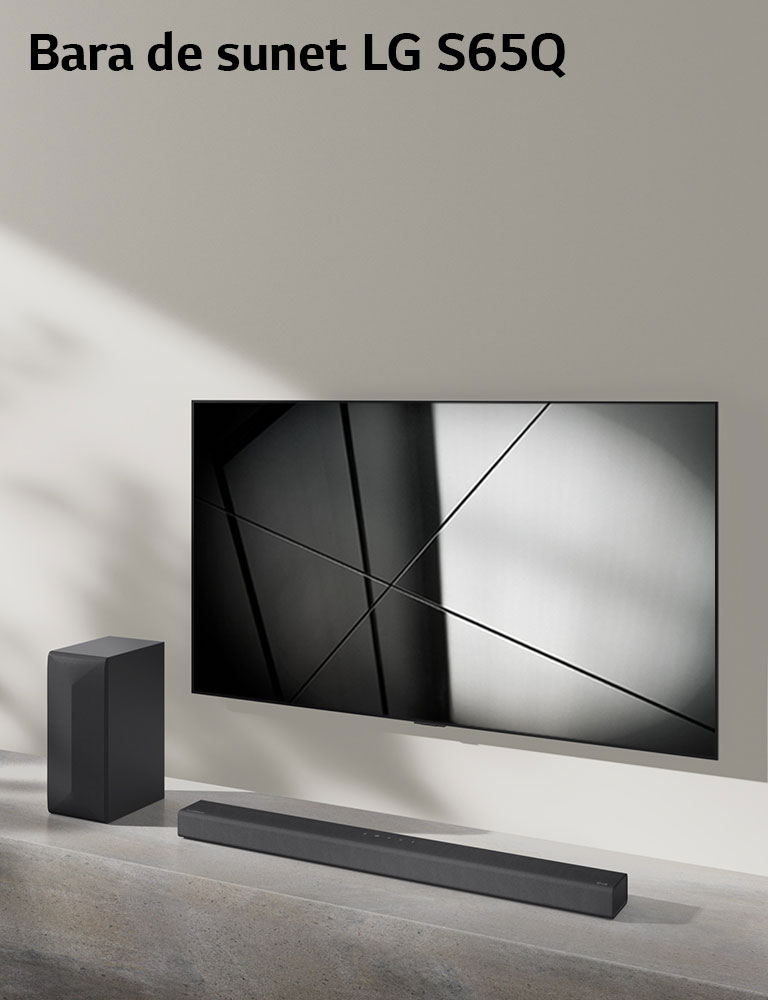 Bara de sunet S65Q și televizorul LG sunt așezate împreună în camera de zi. Televizorul este pornit, afișând o imagine alb-negru.