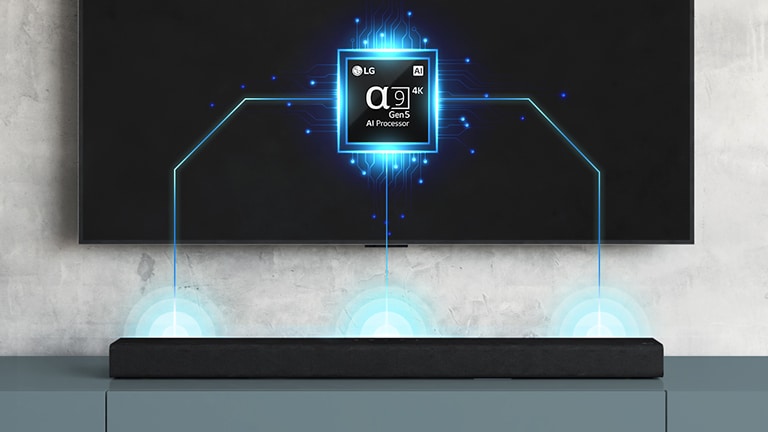 Este o imagine a cipului alfa 9 pe placa din spate a televizorului și există o bară de sunet chiar dedesubt. Există, de asemenea, un efect de undă sonoră care provine din bara de sunet.