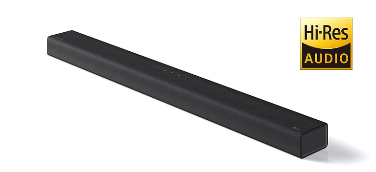 Imaginea completă cu bara de sunet LG, cu sigla LG afișată în colțul din dreapta jos al unui produs. Sigla Hi-Res AUDIO este afișată în partea dreaptă sau pe imagine.