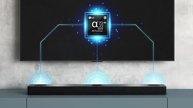 Este o imagine a cipului alfa 9 pe placa din spate a televizorului și există o bară de sunet chiar dedesubt. Există, de asemenea, un efect de undă sonoră care provine din bara de sunet.