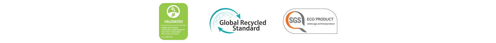 De la stânga, sunt prezentate UL VALIDATED (siglă), Global Recycled Standard (siglă), SGS ECO PRODUCT (siglă).