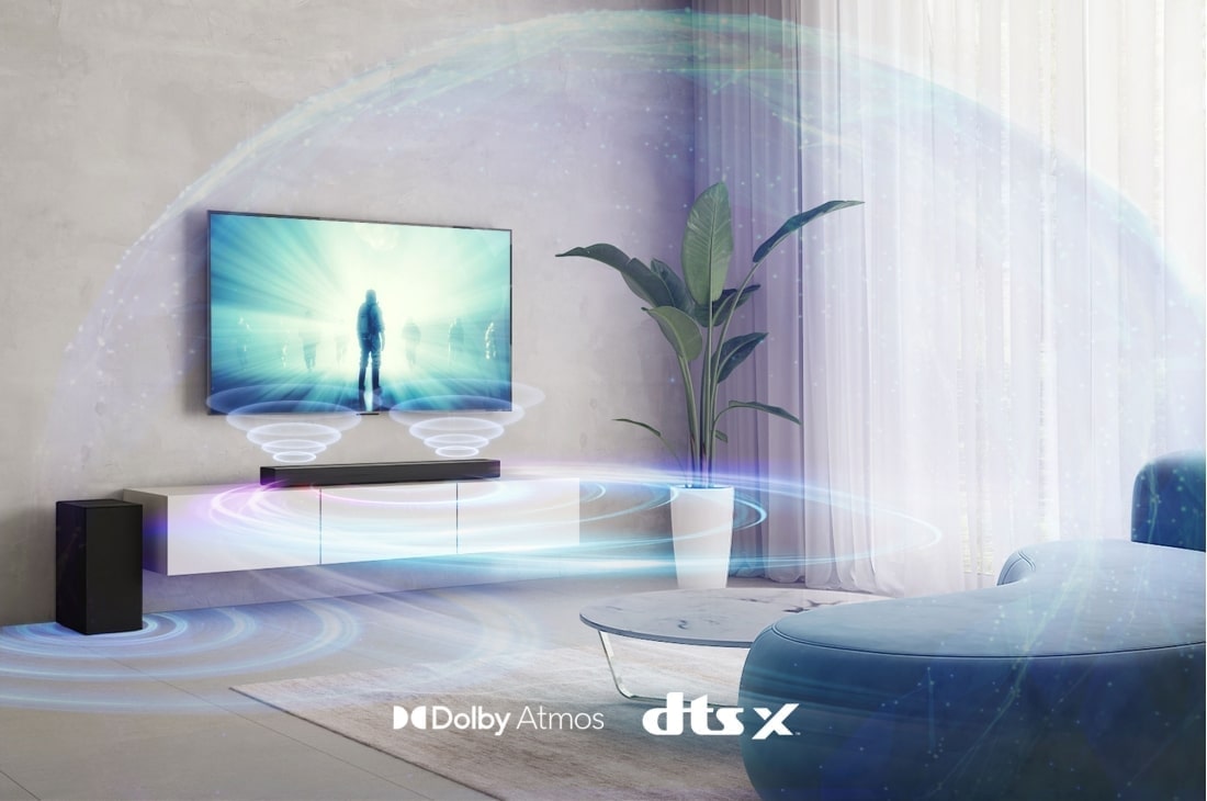 LG Soundbar LG S75Q, Imagine reprezentând stilul de viață cu undele sonore ieșind din difuzoare, S75Q, thumbnail 6