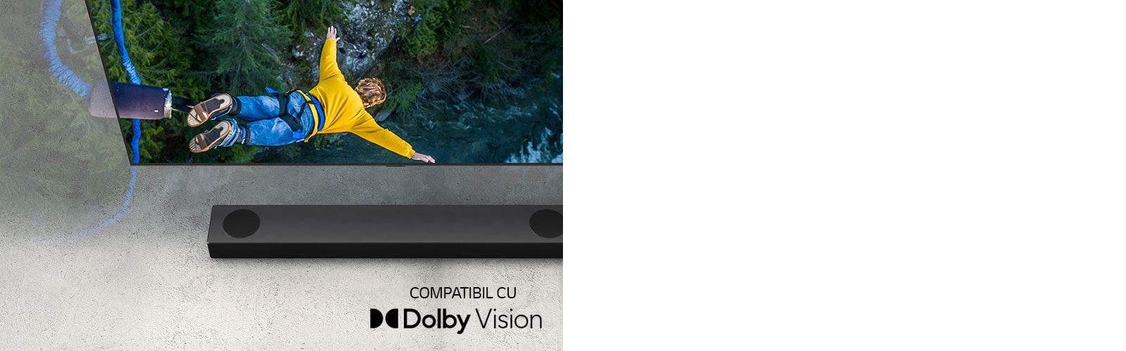 Pe televizorul LG este prezentată o persoană care face bungee jumping, iar bara de sunet LG este plasată sub televizor.