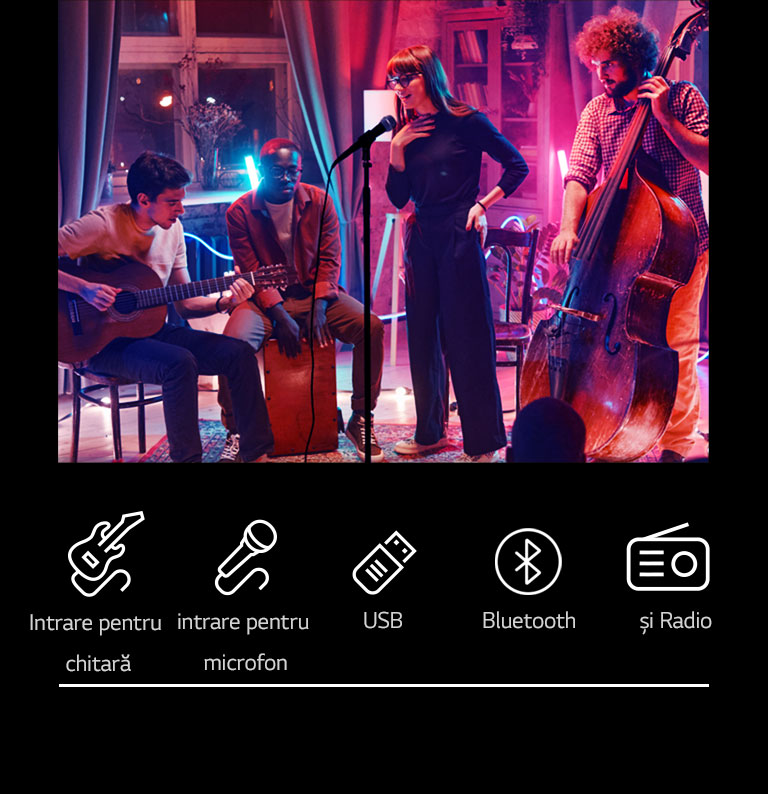 Scenă de concert. Pictogramele de conectivitate sunt afișate sub imagine.