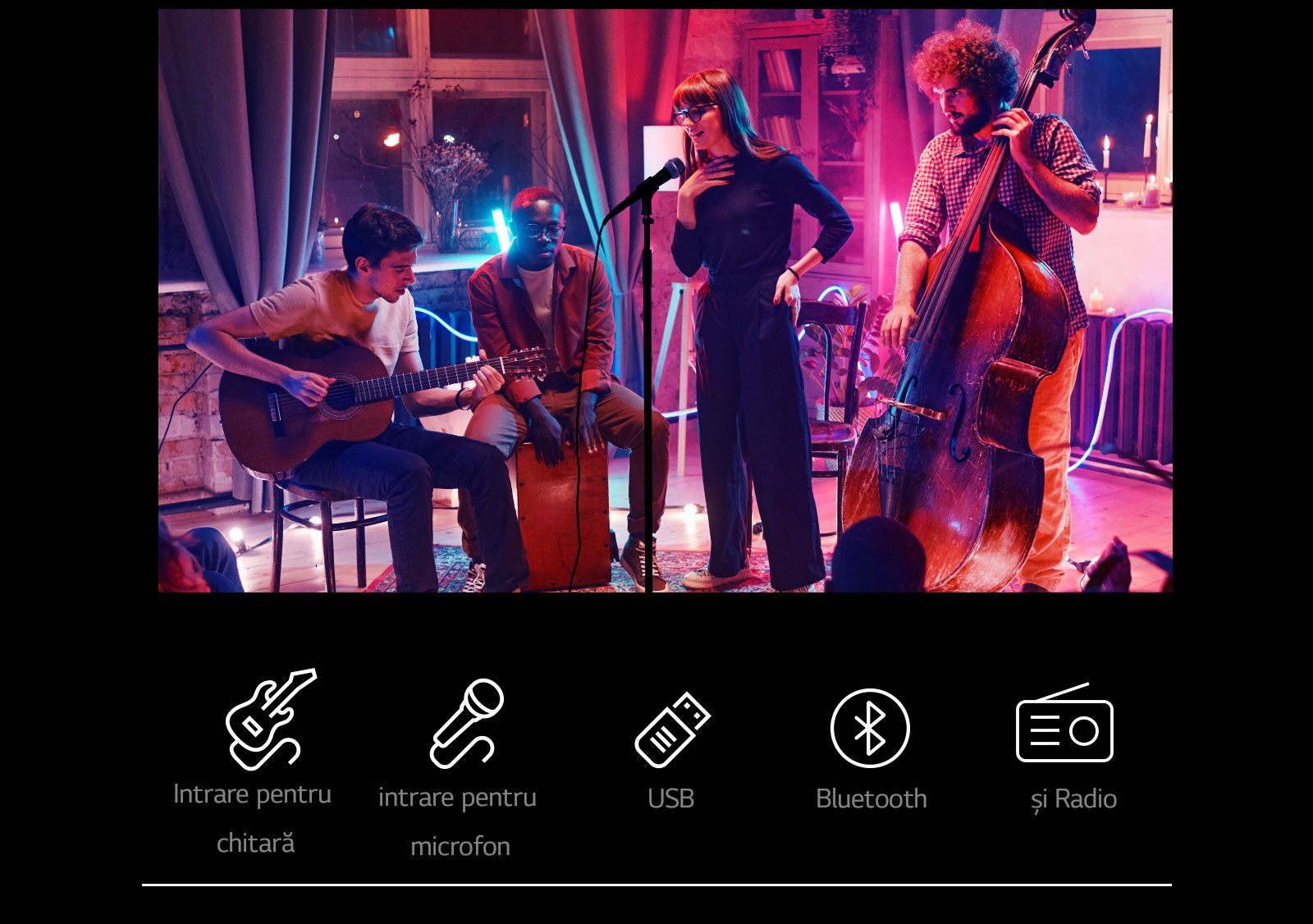 Scenă de concert. Pictogramele de conectivitate sunt afișate sub imagine.