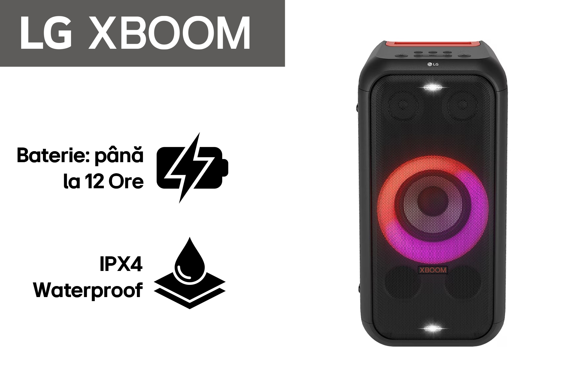 LG XBOOM XL5S, Vedere frontală cu toate luminile aprinse., XL5S