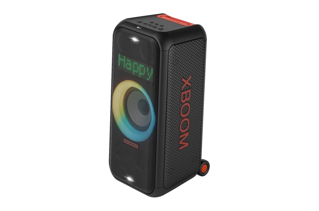 LG XBOOM XL7S, Vedere în partea stângă față cu toate luminile aprinse. Pe panoul cu iluminat cu pixeli dinamici, este afișat textul Happy (Fericit)., XL7S, thumbnail 2