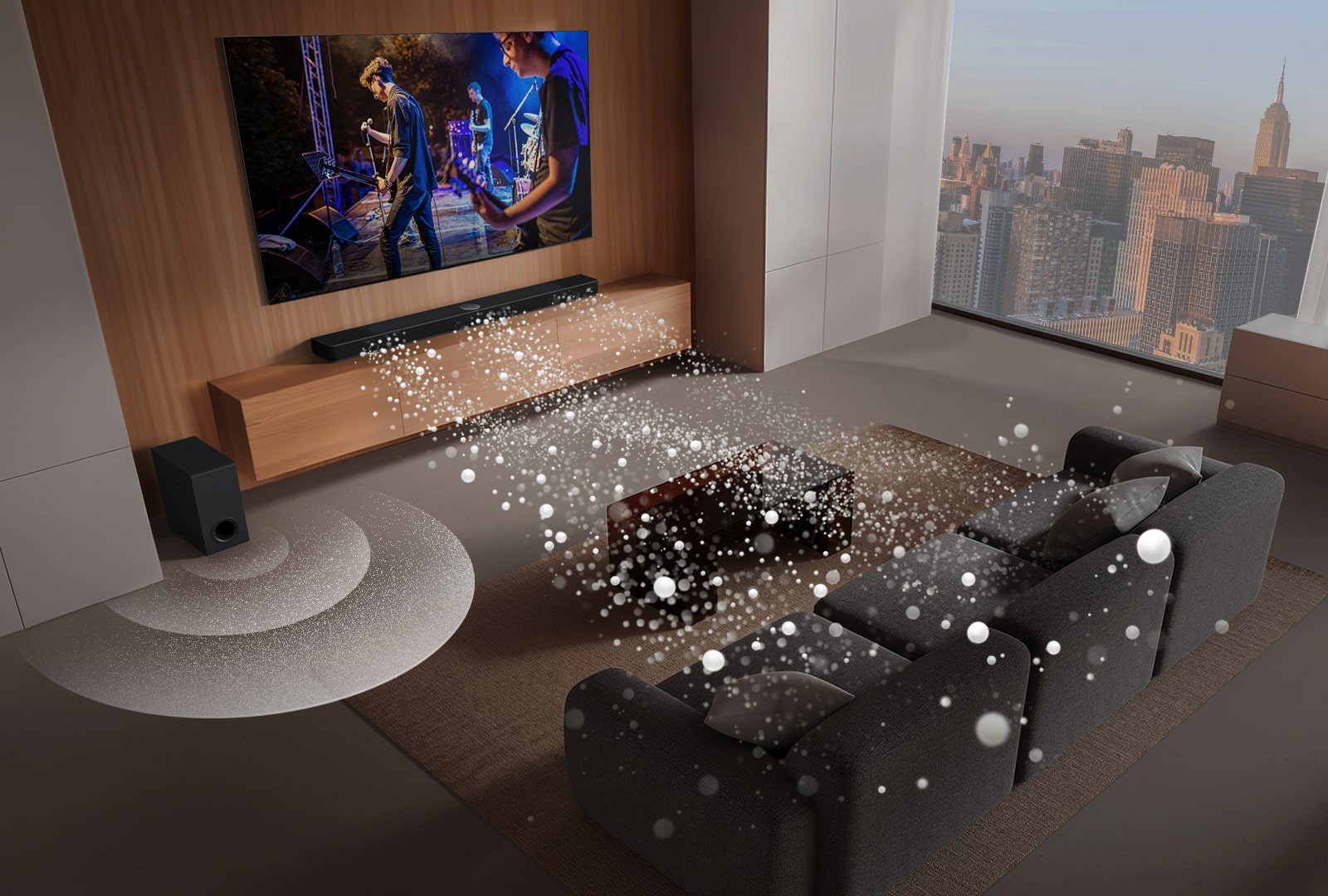  Bara de sunet LG, televizorul LG și subwooferul sunt într-o cameră de zi, afișând o imagine pe ecran cu o interpretare muzicală. Două ramuri de unde sonore albe compuse din picături se proiectează din bara de sunet, iar un subwoofer creează un efect sonor din partea de jos.