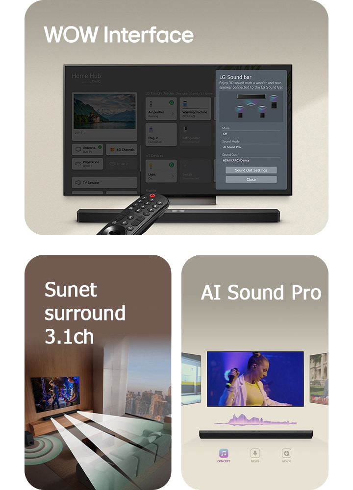 O imagine a LG Soundbar, a unei telecomenzi LG și a unui LG TV care arată WOW Interface pe ecran.  O imagine a unui LG TV și LG Soundbar se află într-o sufragerie și rulează un spectacol muzical. Unde sonore albe formate din picături ies din soundbar, învârtindu-se în jurul canapelei și al spațiului de locuit pentru a înfățișa sunetul. Prin fereastră se vede orizontul orașului.  O imagine a unui LG Soundbar cu trei ecrane TV diferite deasupra. Unul arată un film, unul arată un concert, iar celălalt arată o emisiune de știri. Sub soundbar, sunt pictograme Concert, Știri și Film.
