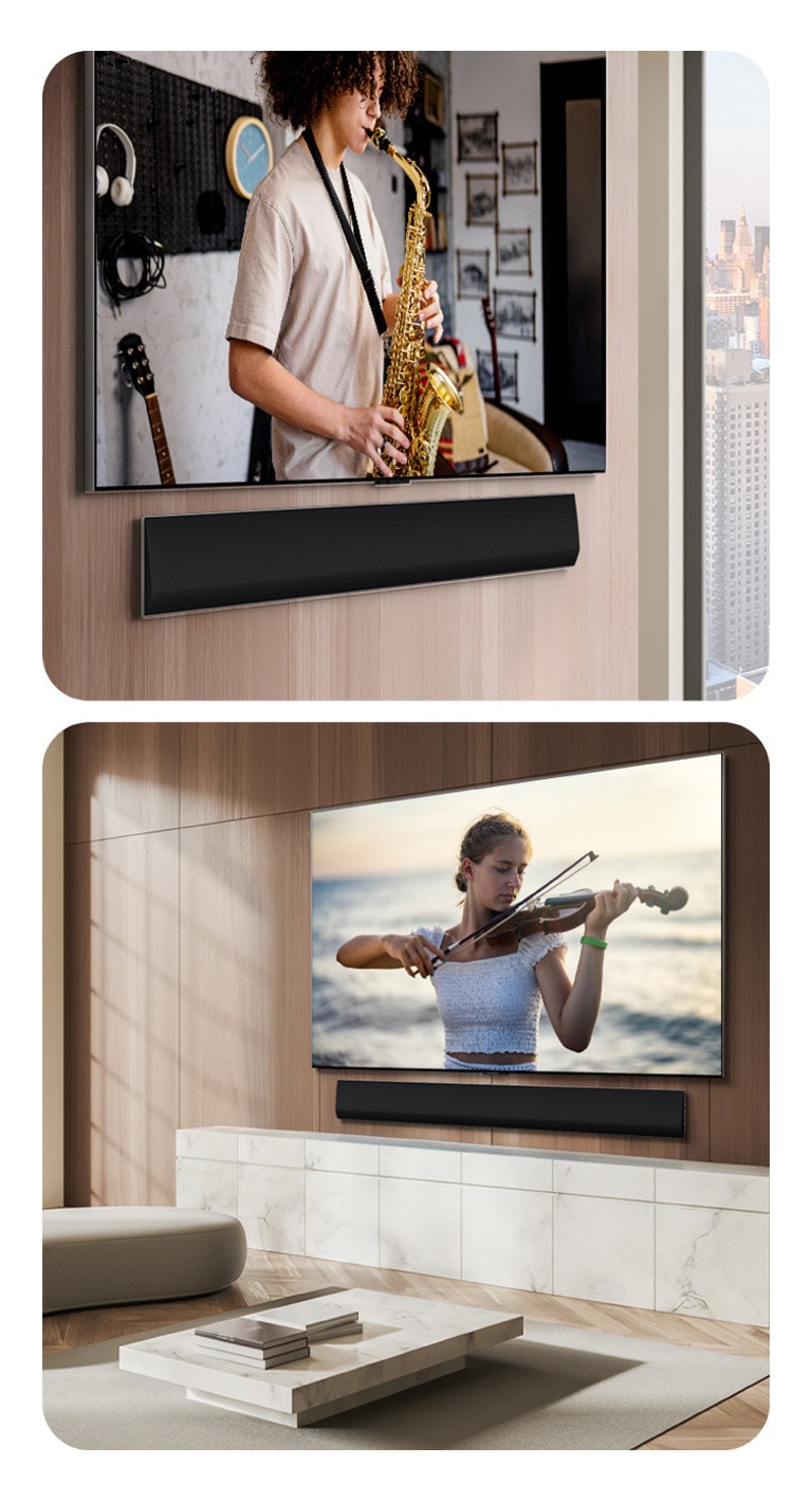 O perspectivă înclinată a unei LG Soundbar și a unui LG TV se fixează pe perete, rulând pe ecran un spectacol cu trompete.  LG Soundbar și LG TV pe peretele de lemn al unui apartament, arătând o femeie cântând la vioară, la mare.