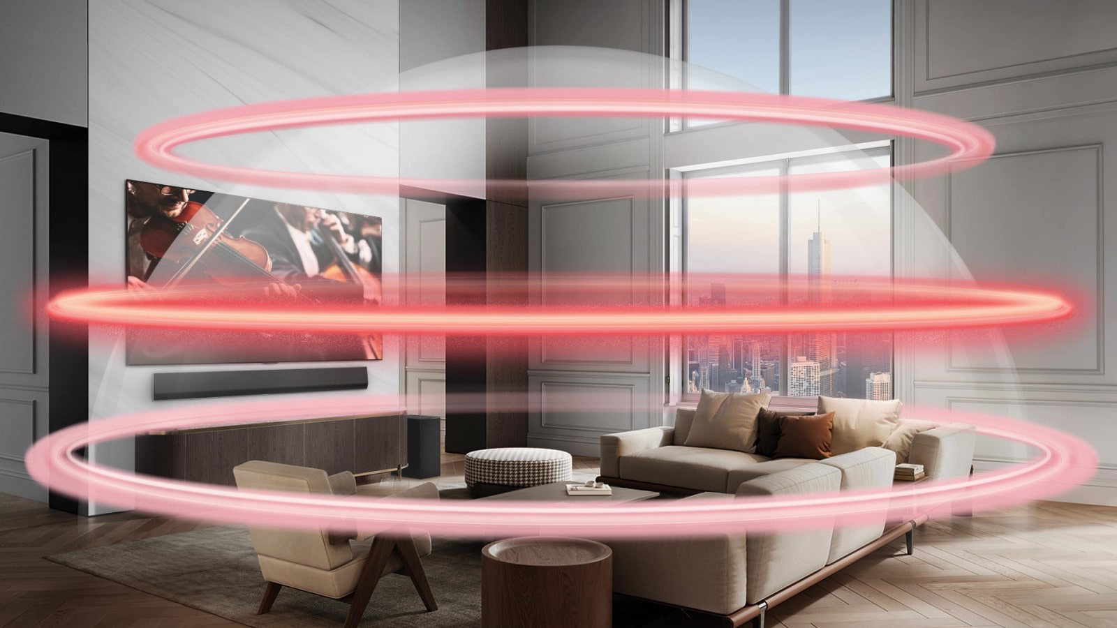 LG Soundbar și LG TV sunt într-un apartament dintr-un oraș mare. Trei benzi roșii apar una câte una ilustrând straturi virtuale și se unesc pentru a crea un dom de sunet întreg.