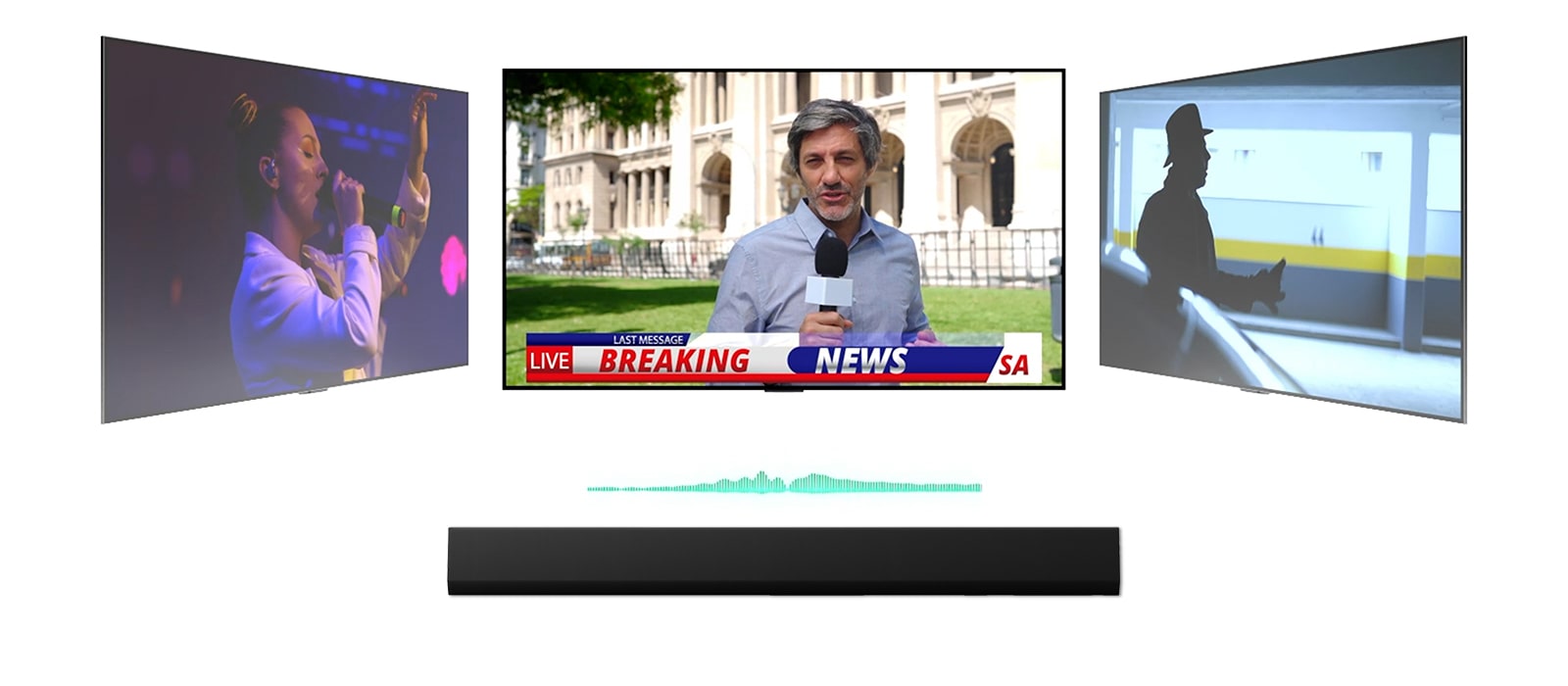 Un LG Soundbar are trei ecrane TV diferite deasupra lui. Cel de deasupra arată un crainic de știri, care filmează o știre de ultimă oră, difuzată în afara unei clădiri decorate. Televizorul din dreapta arată o scenă dintr-un film de acțiune, cu un bărbat în umbră. Televizorul din stânga afișează un concert muzical cu o femeie care cântă. Între TV și soundbar este o diagramă de sunet de culoarea mentei. 